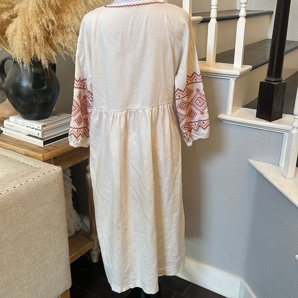 Madewell Linen Blend Embroidered-Sleeve Popover Midi Dress Size Small - Picture 7 of 9